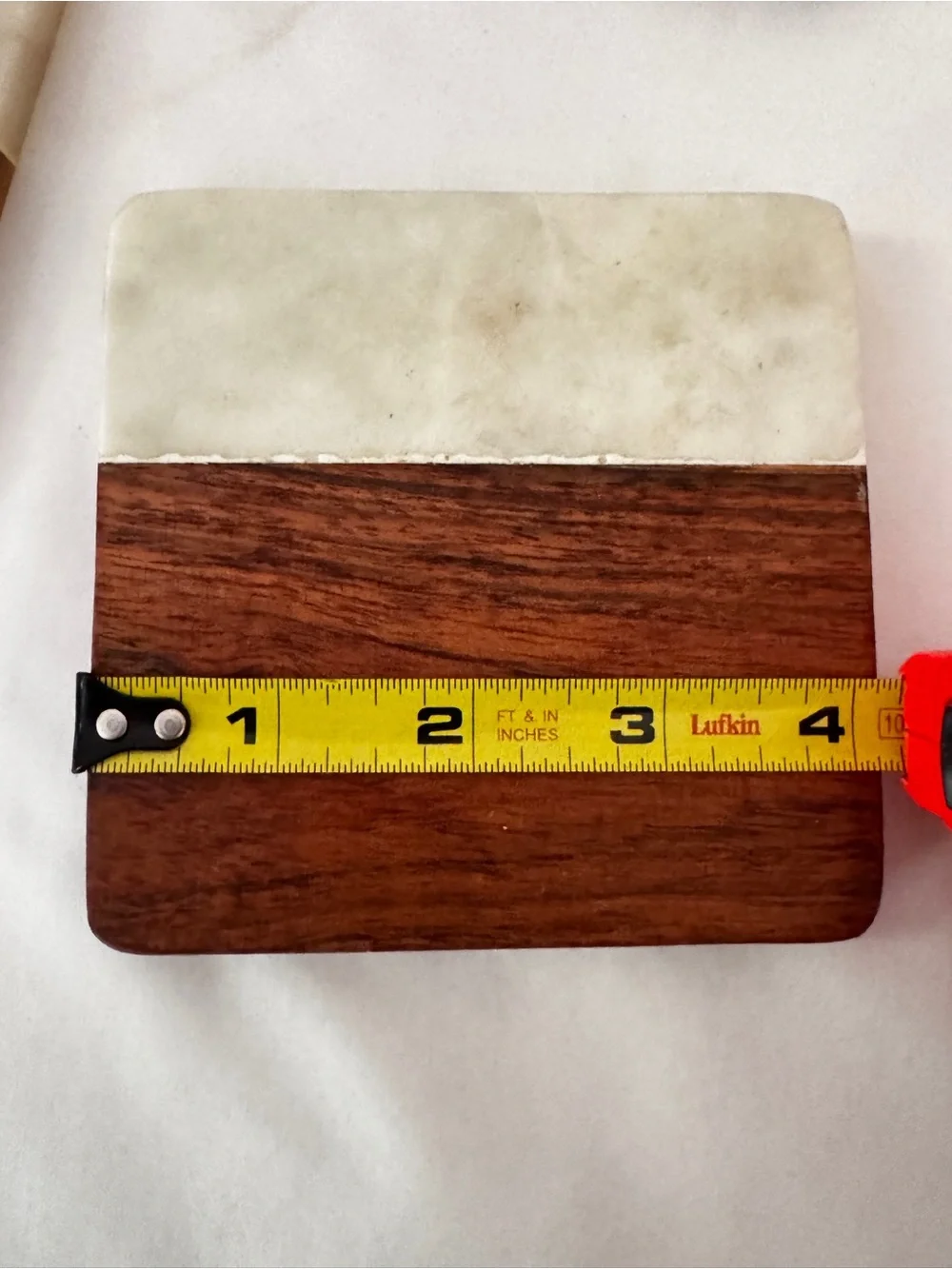 Two-Tone Wood & White Marble Square Coasters - Set of 4
